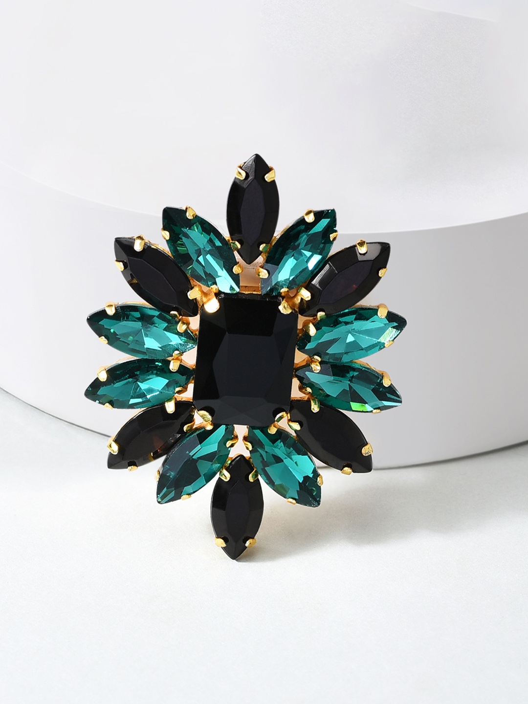 

Zaveri Pearls Black & Green Gold-Plated Crystal Adjustable Finger Ring