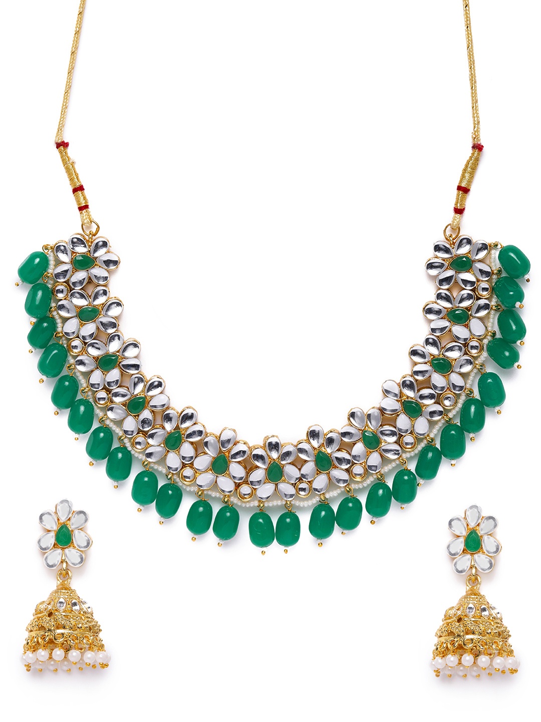 

Zaveri Pearls White & Green Gold-Plated Kundan Studded