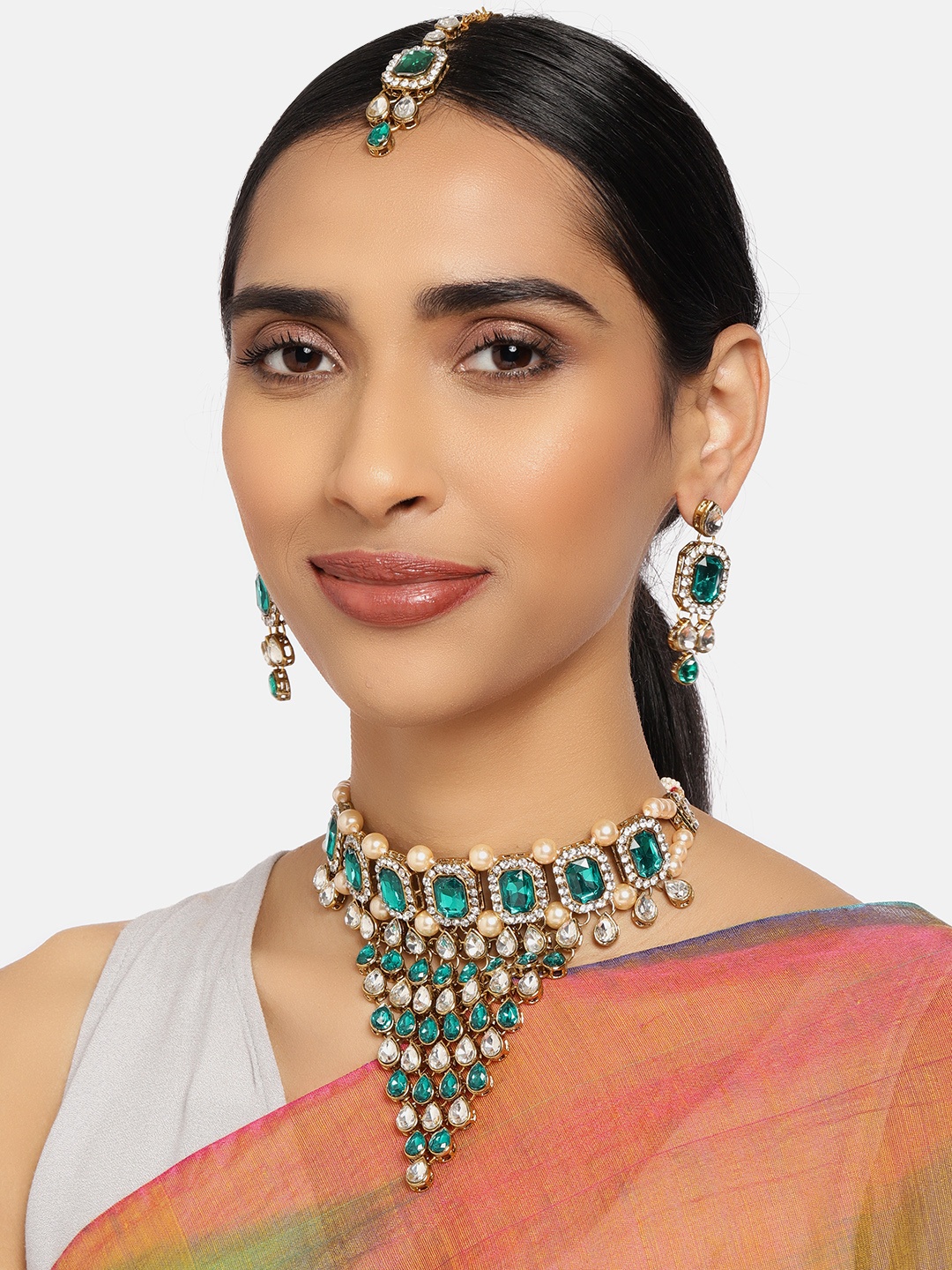 

Zaveri Pearls White & Green Gold-Plated Stone Studded Layered Jewellery Set