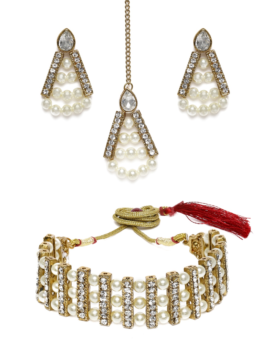 

Zaveri Pearls White Gold-Plated Pearls & Stone Studded Jewellery Set