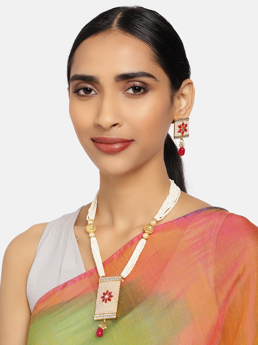 

Zaveri Pearls White & Pink Gold-Plated Jewellery Set