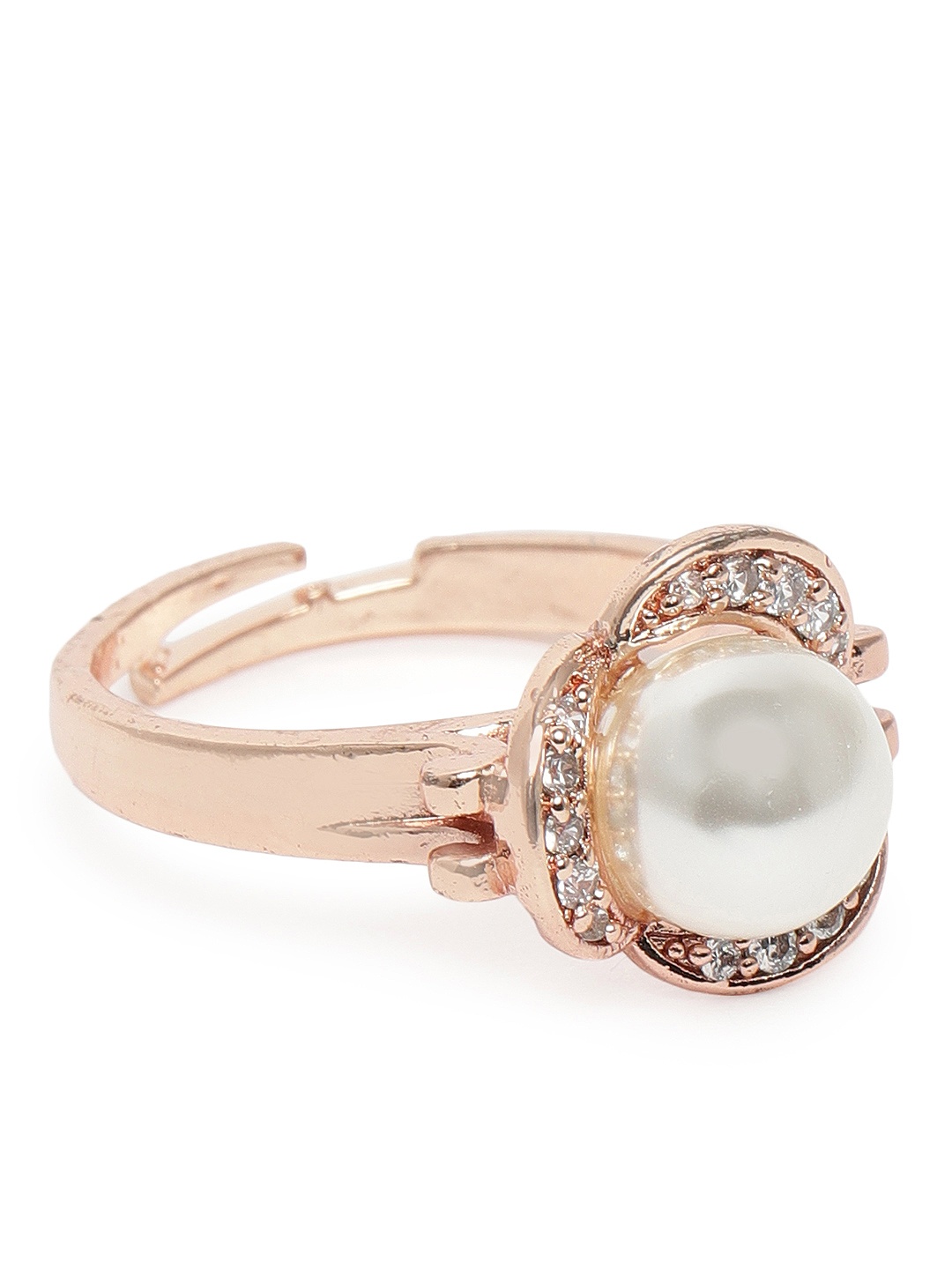 

Zaveri Pearls Rose Gold-Plated Cubic Zirconia & Pearl Studded Adjustable Finger Ring