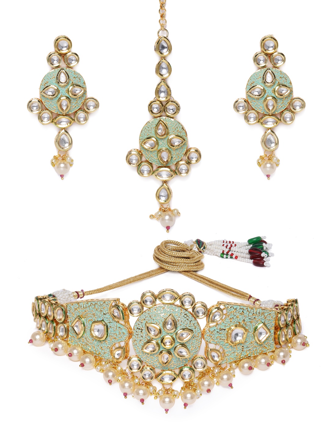 

Zaveri Pearls Green Gold-Plated Meenakari Kundan Studded Jewellery Set