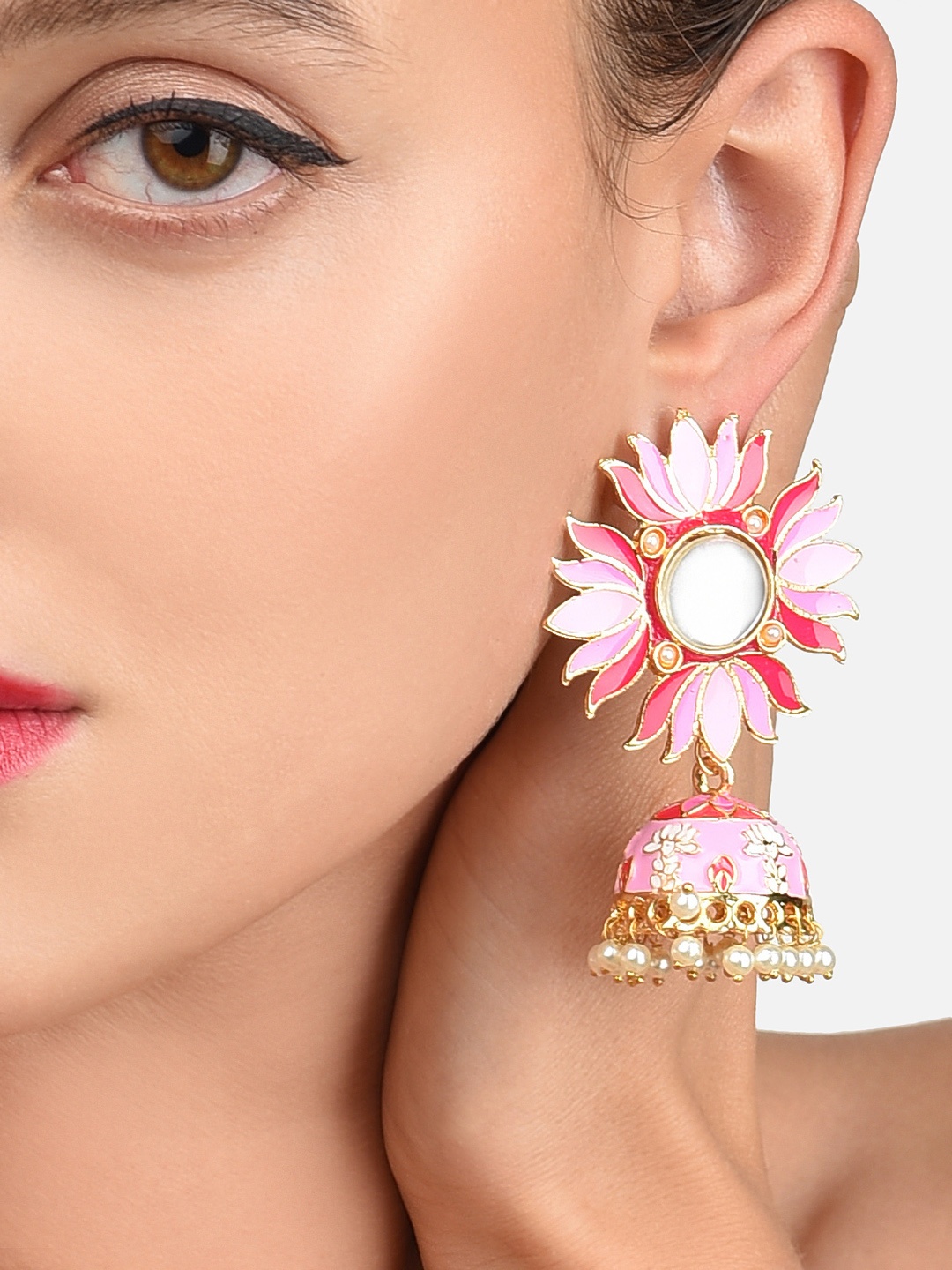 

Zaveri Pearls Pink Gold-Plated Meenakari Earrings