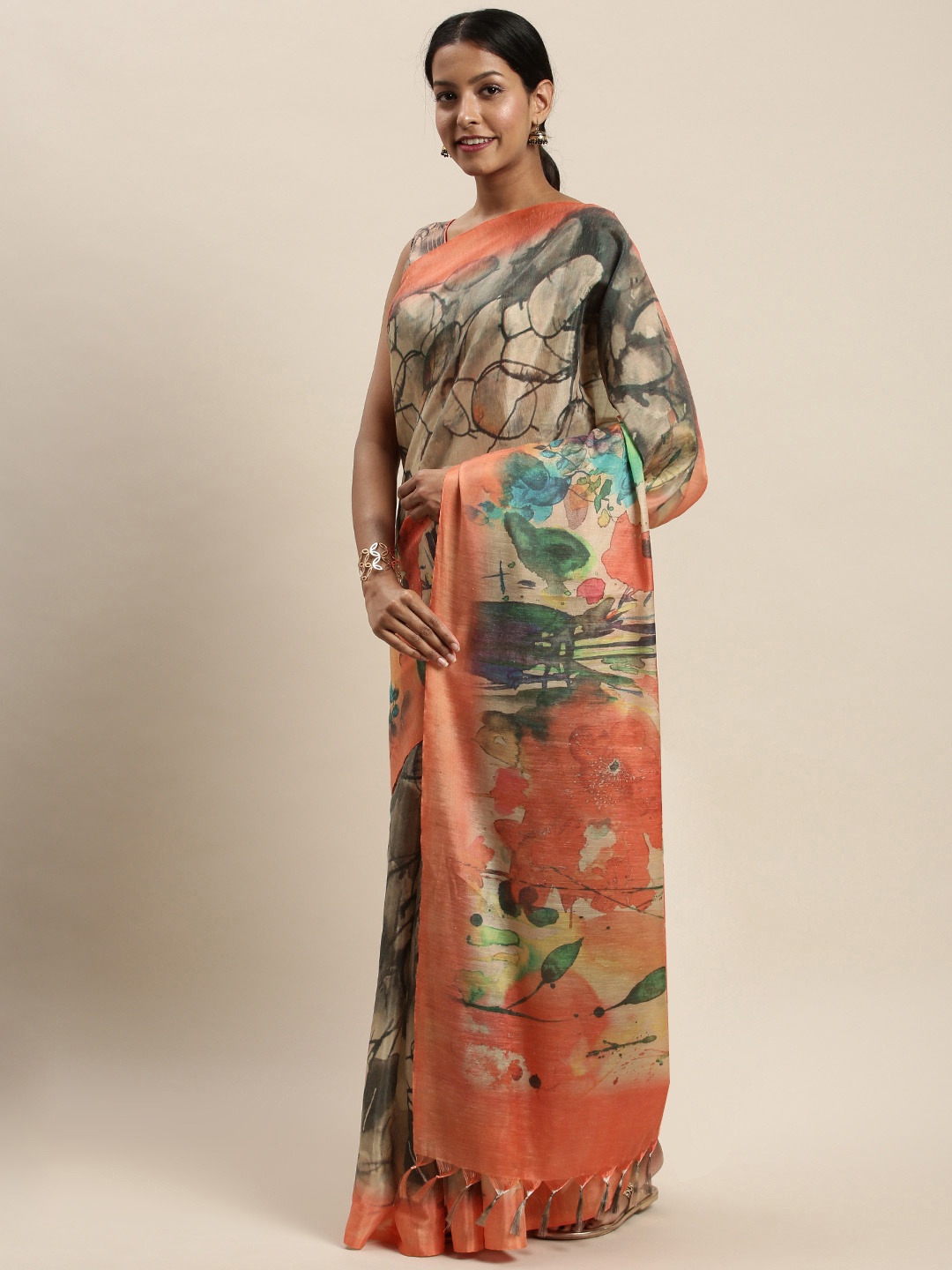 

Rajnandini Beige & Orange Silk Blend Printed Saree