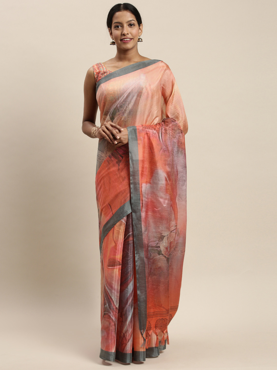 

Rajnandini Orange & Grey Silk Blend Printed Saree