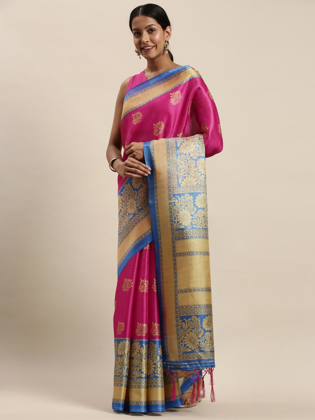 

Rajnandini Pink & Blue Silk Blend Printed Saree