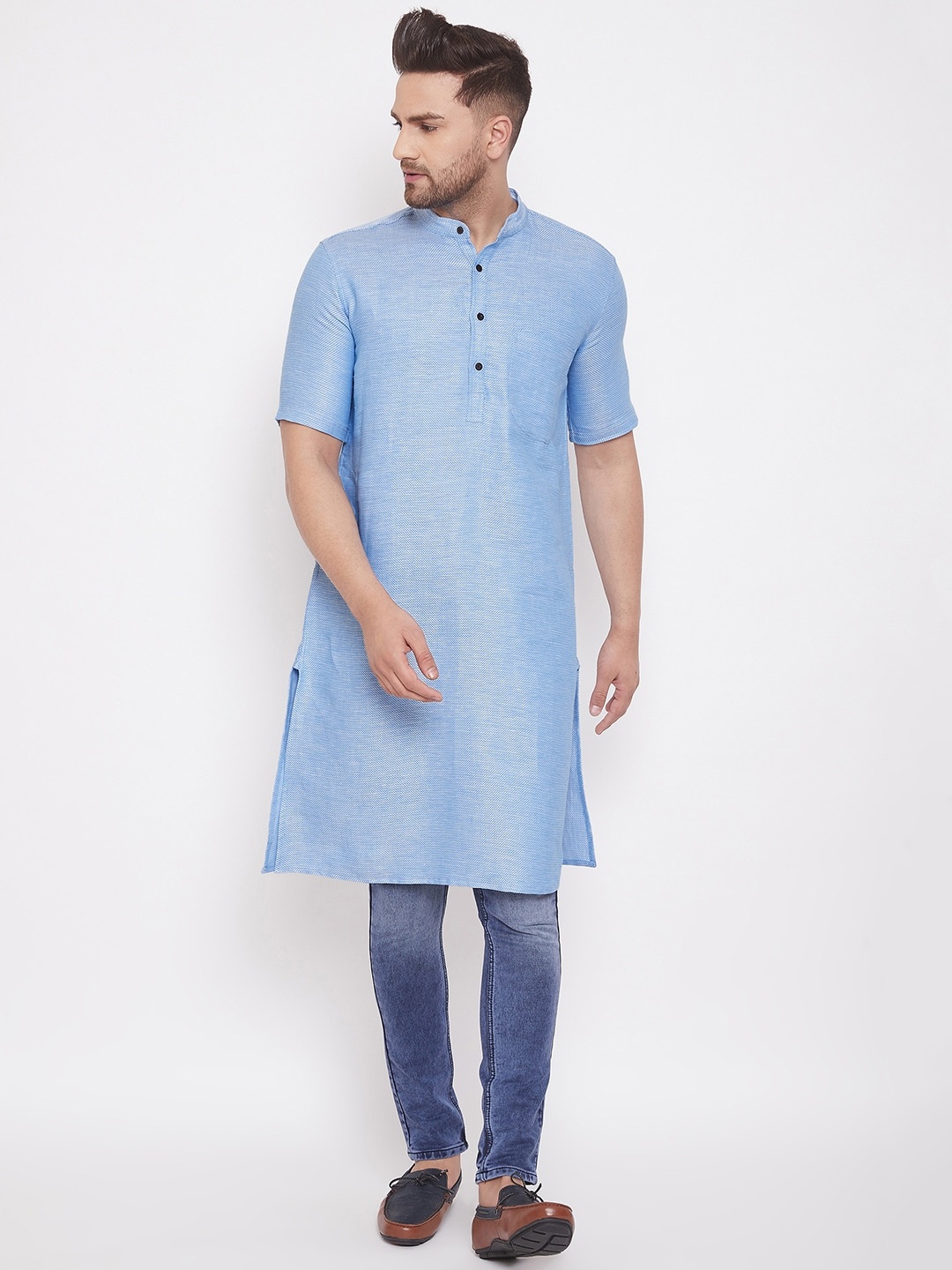 

even Men Blue Woven Design Straight Kurta