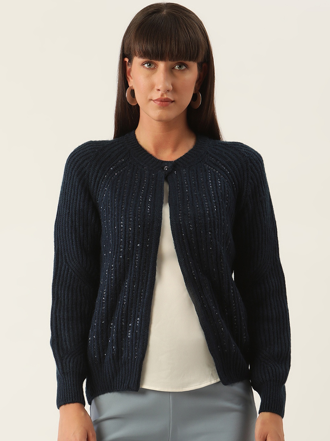 

ZOELLA Women Navy Blue Embellished Cardigan Sweater