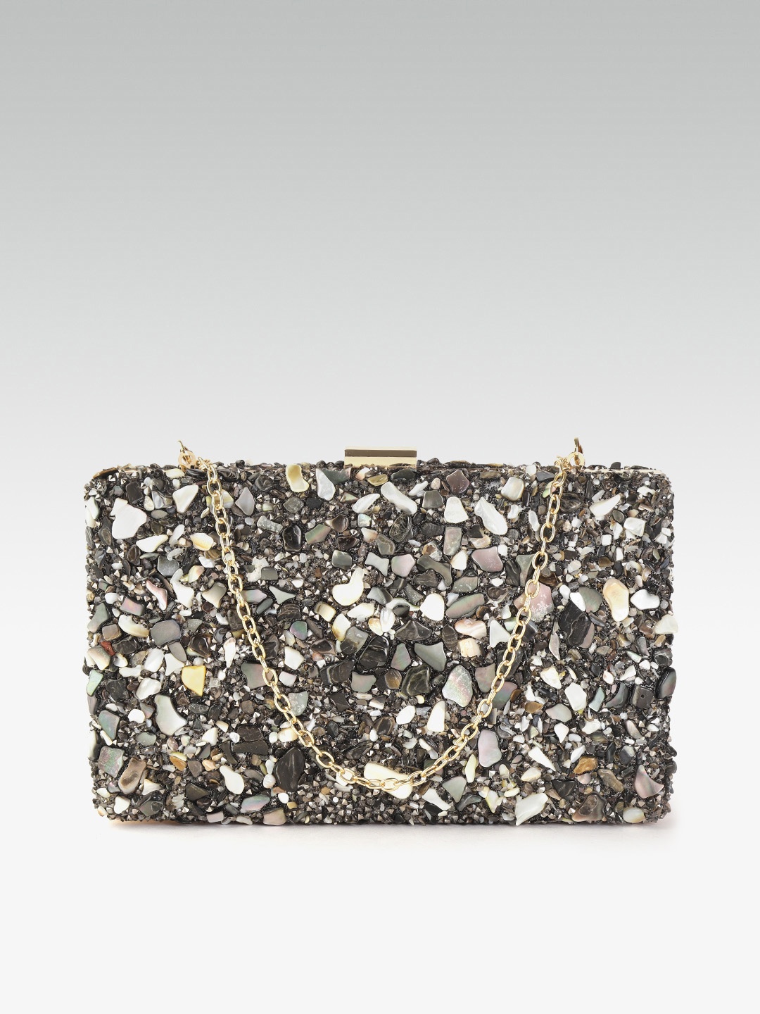 

20Dresses Gunmetal-Toned Embellished Box Clutch with Detachable Sling Strap, Metallic