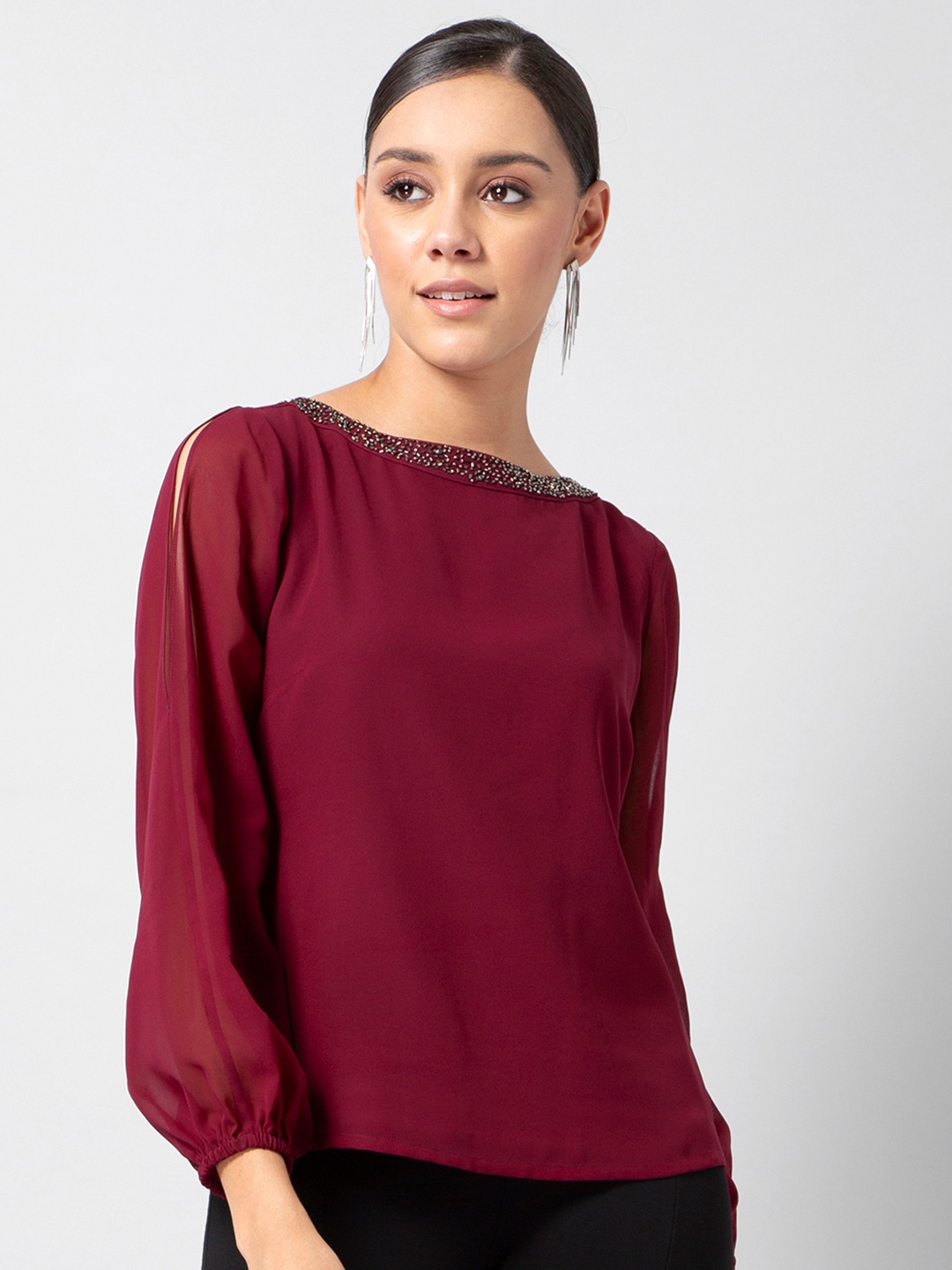 

FabAlley Jewel Neck Puff Sleeves Top, Maroon
