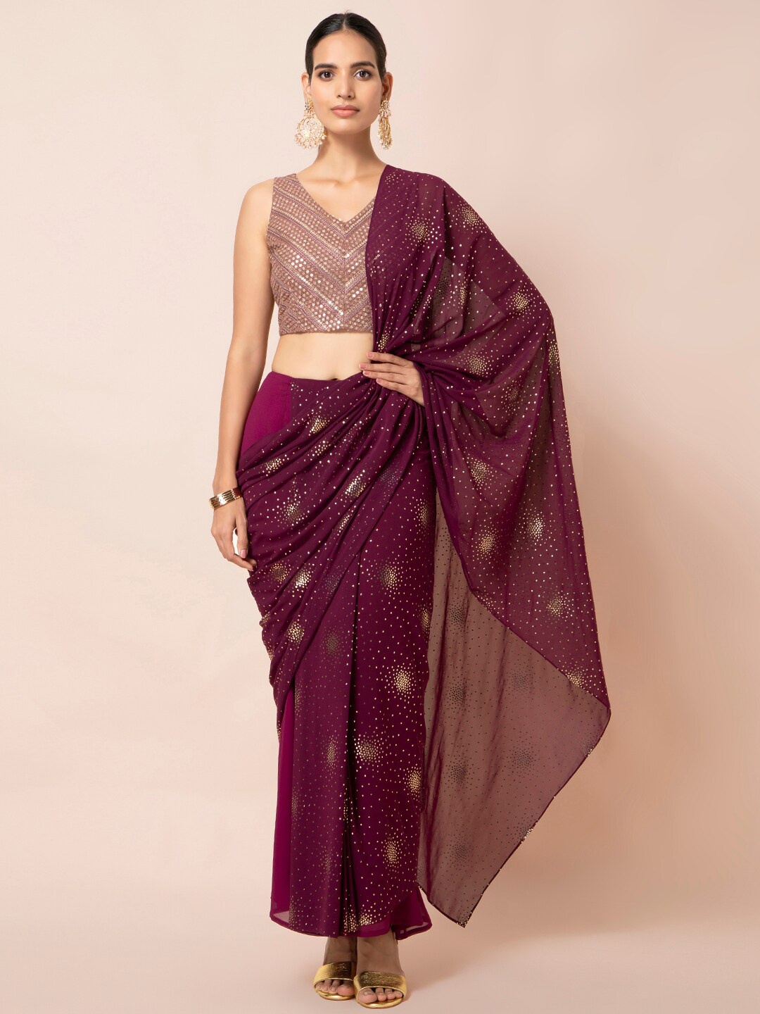 

INDYA Purple Woven Design Pre Draped Ready To Wear Saree