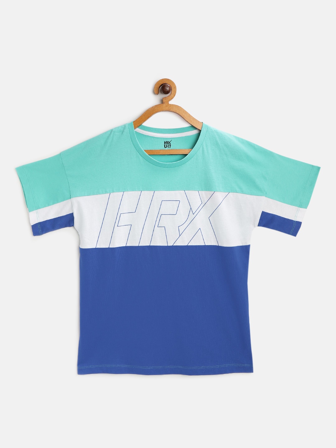 

HRX By Hrithik Roshan U-17 Girls Turquoise Colourblock Bio-Wash Lifestyle Tshirt, Blue