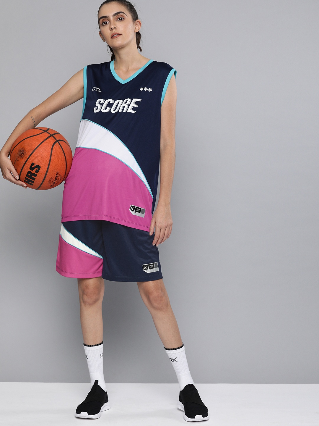 

HRX By Hrithik Roshan Women Medieval Blue Colourblock Regular Fit Anti-Static Rapid-Dry Basketball Shorts, Navy blue