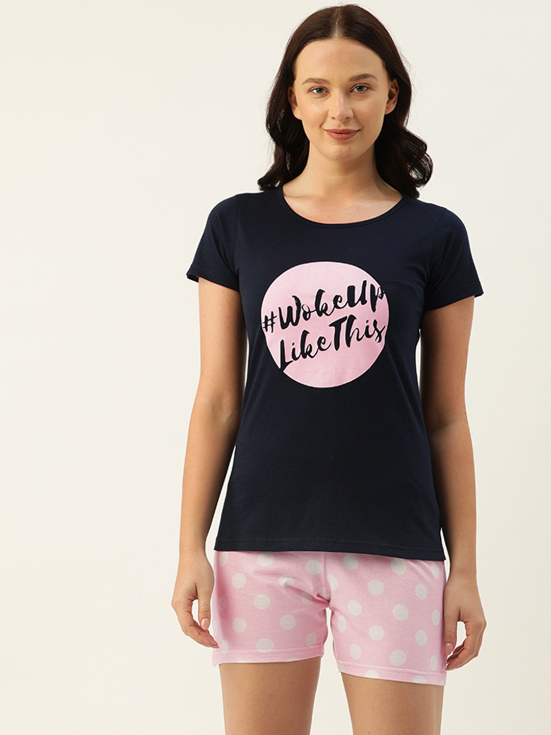 

Clt.s 2 Pc Women Navy Blue & Pink Printed Night suit