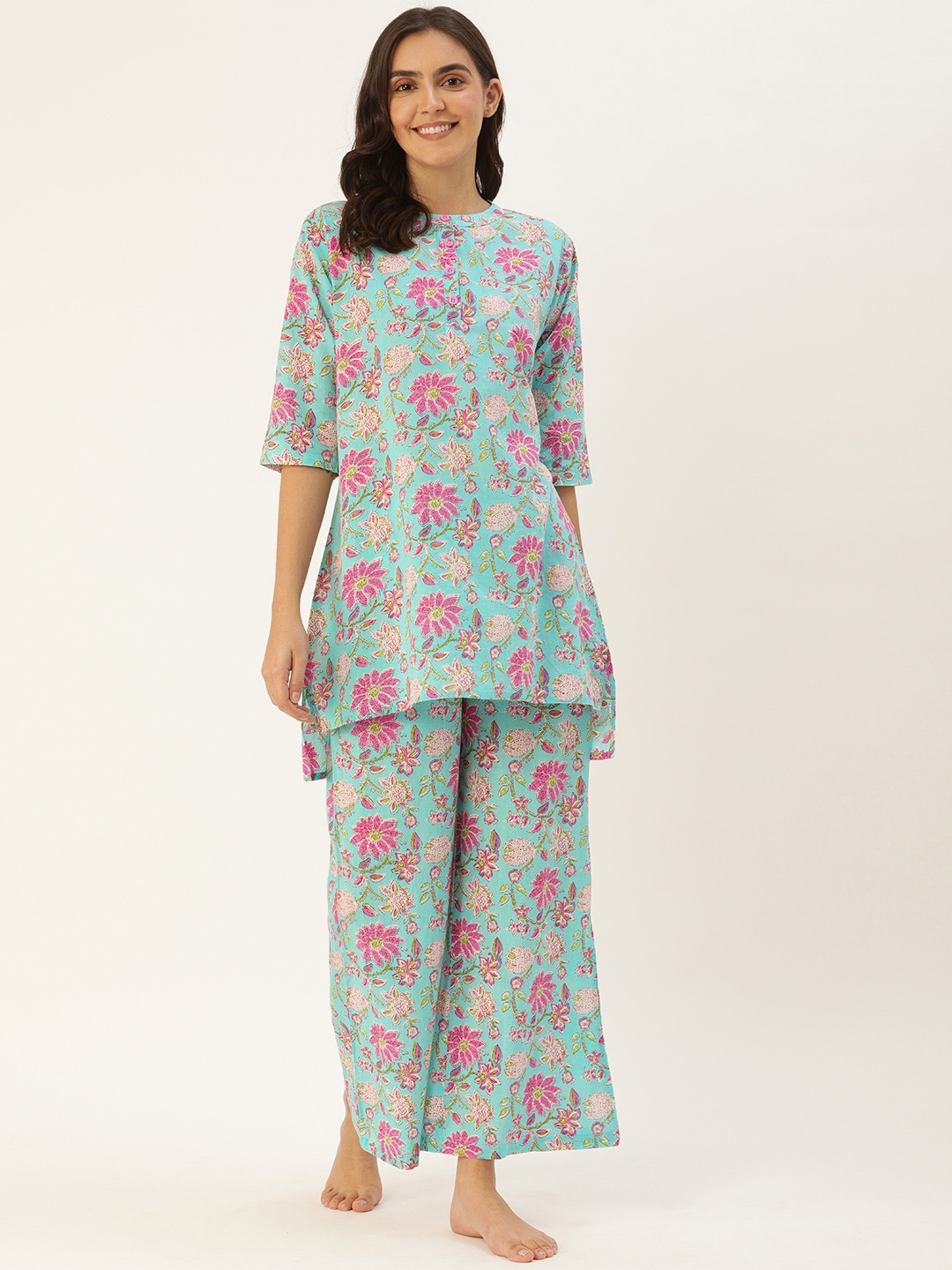 

Clt.s Women Sea Green & Pink Floral Printed Night suit