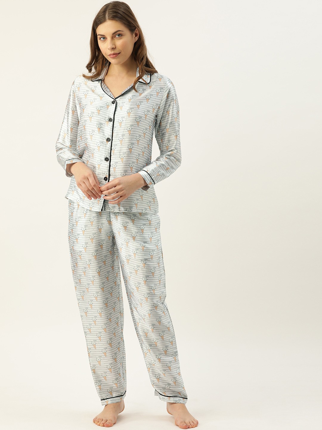 

Clt.s Women Grey & Black Printed Night suit