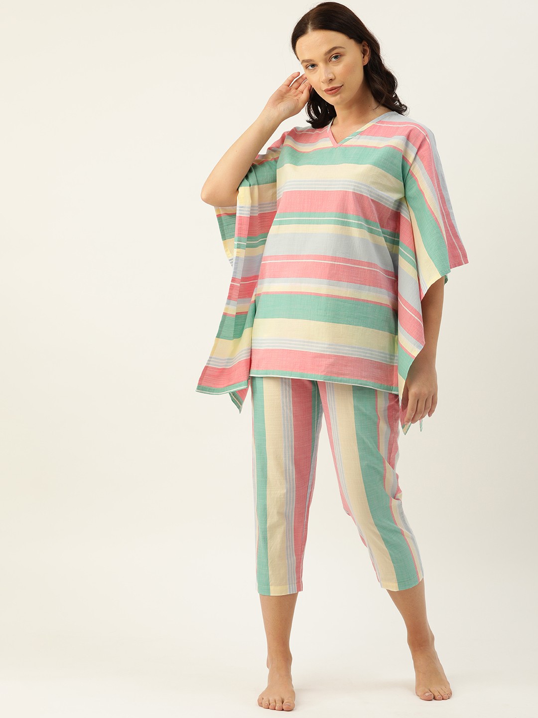 

Clt.s Women Pink & Green Striped Night suit