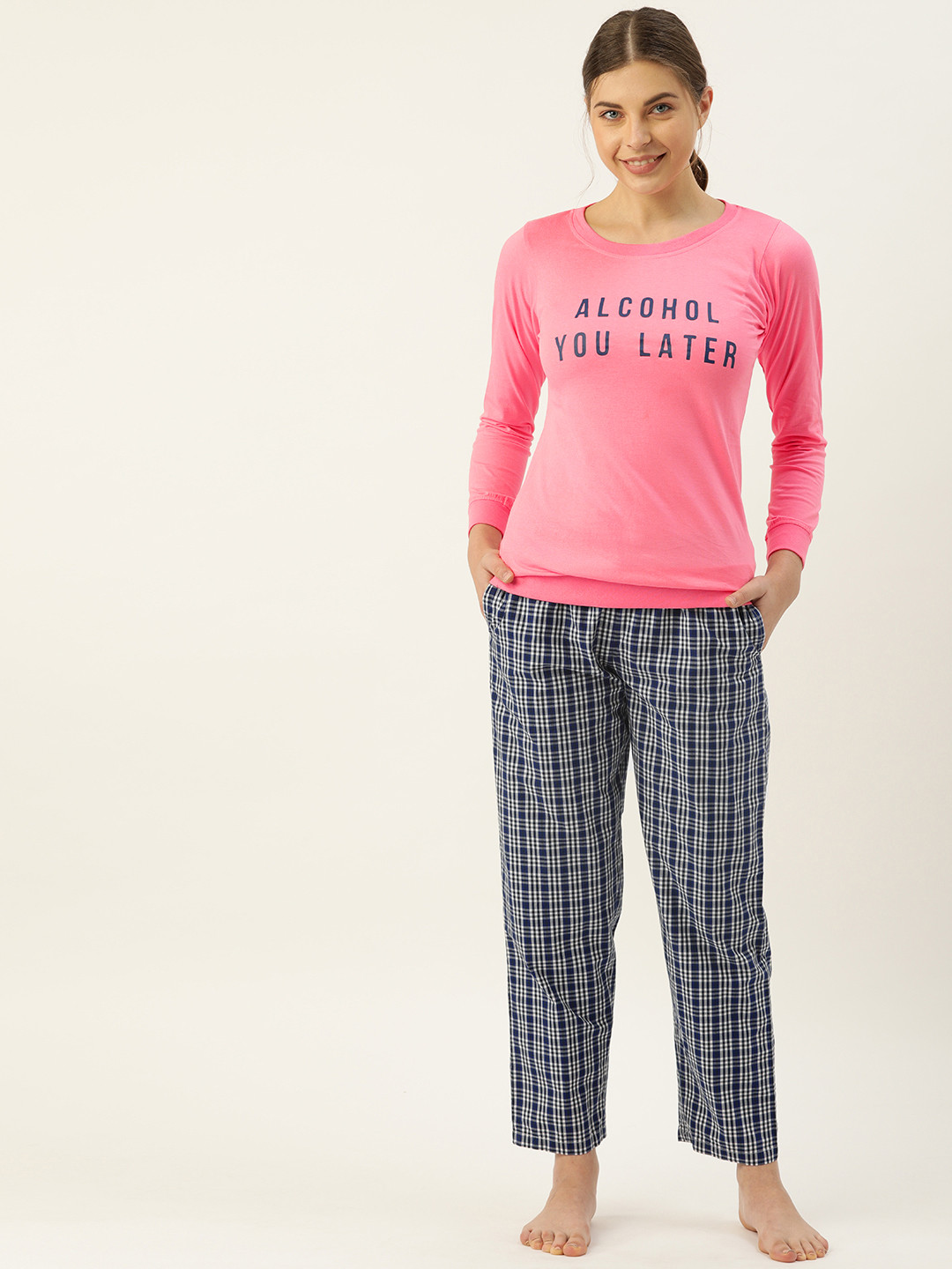 

Clt.s Women 2 Pc Pink & Navy Blue Printed Night Suit Set