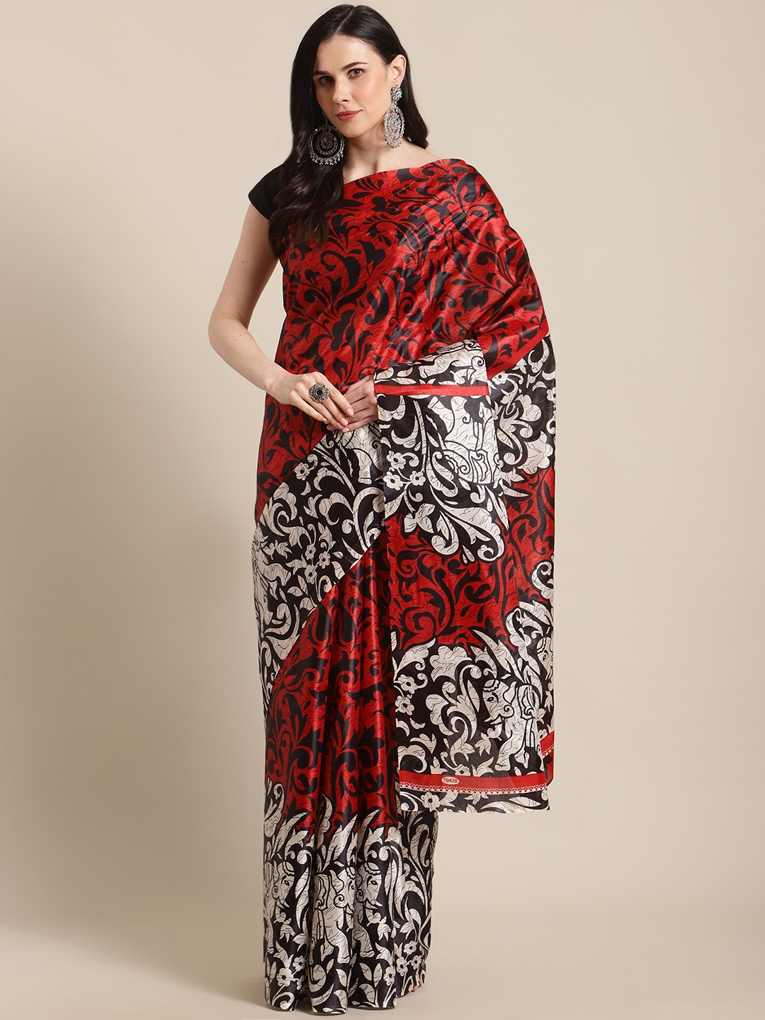 

KALINI Red & Black Floral Block Printed Saree