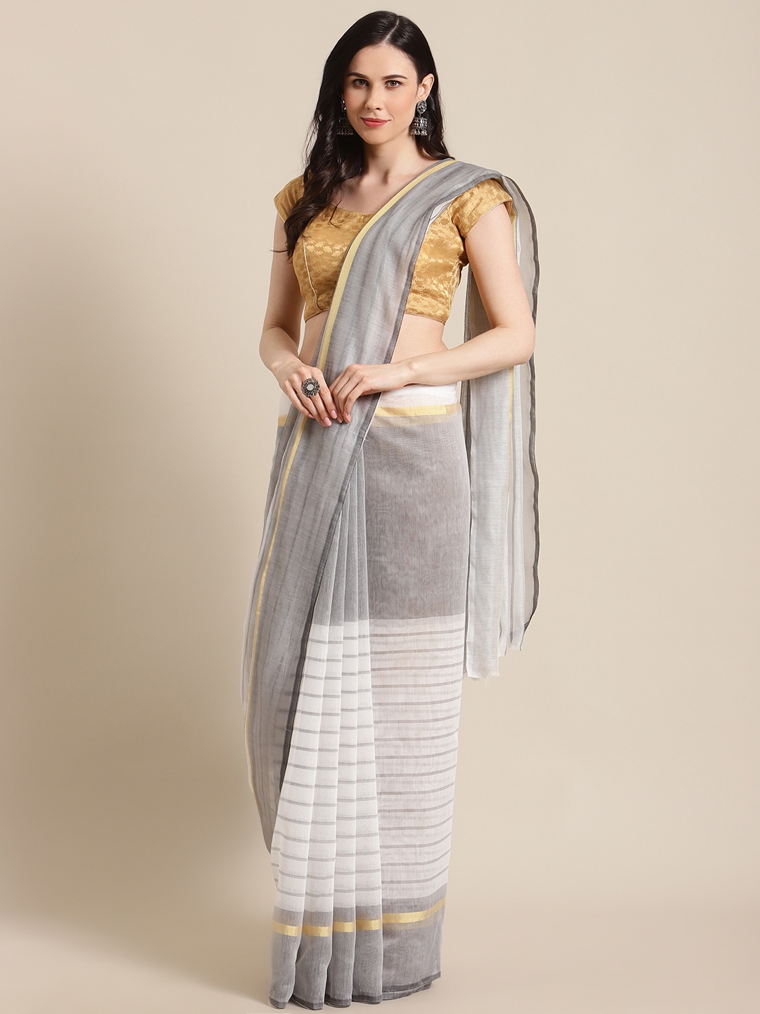 

KALINI Grey & Off-White Striped Saree