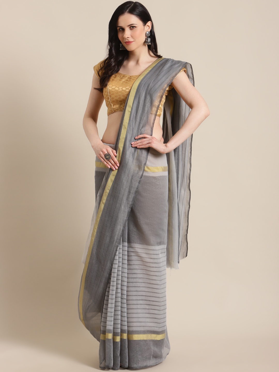 

KALINI Grey Striped Saree