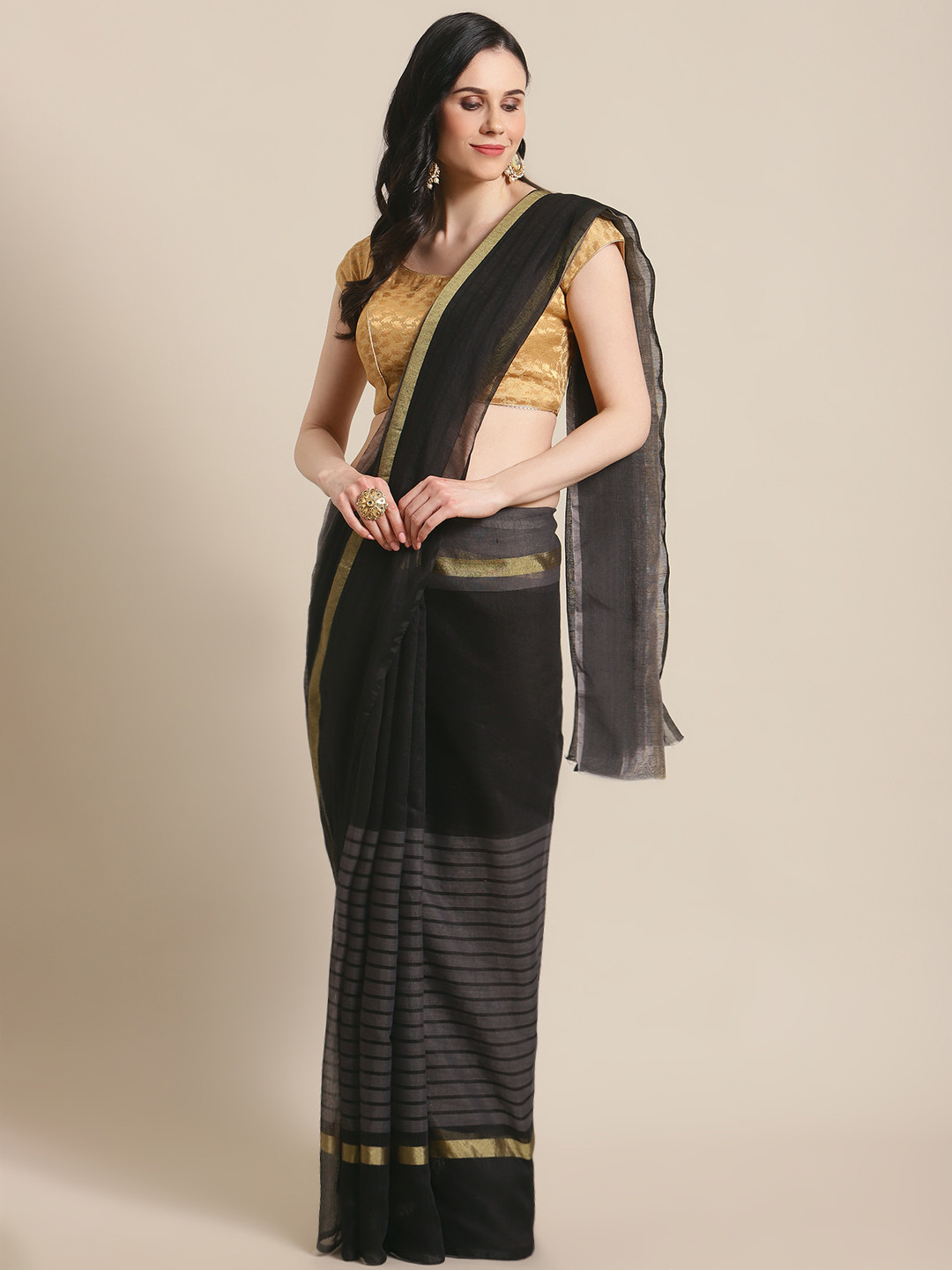 

KALINI Black & Grey Striped Saree