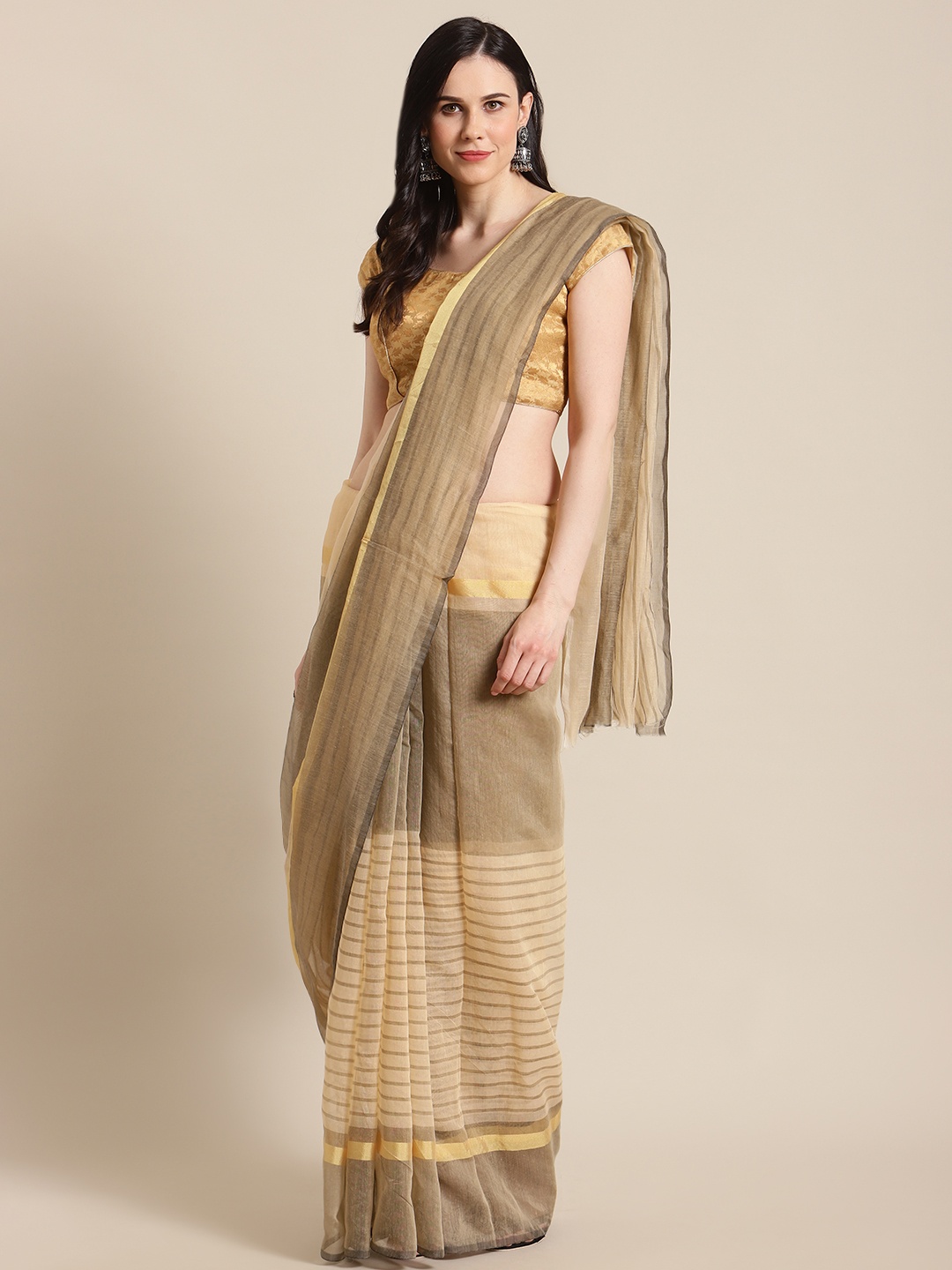 

KALINI Beige & Golden Striped Saree