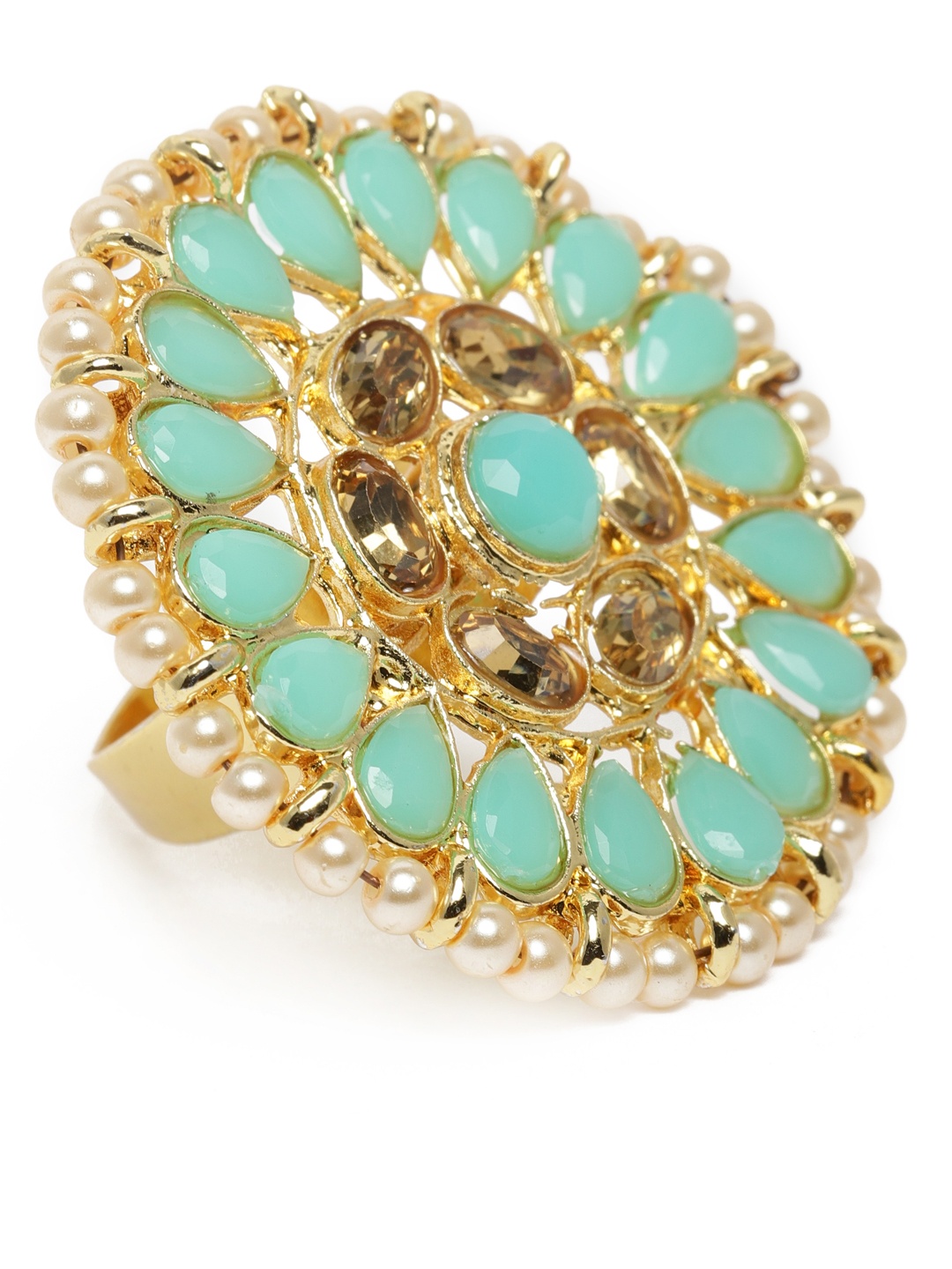 

Kord Store Turquoise Green Gold Plated Kundan Studded Adjustable Finger Ring