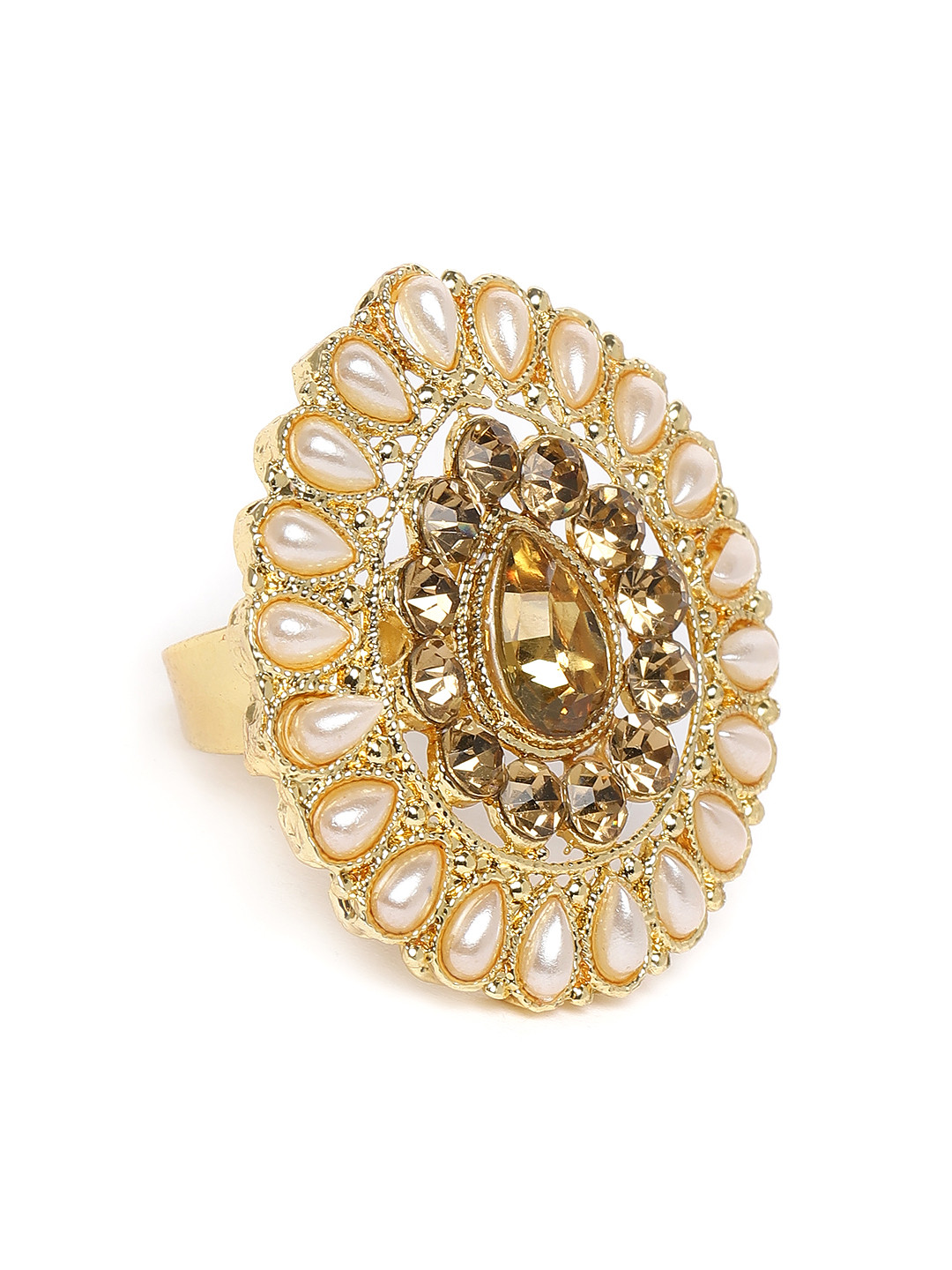 

Kord Store Gold-Plated Studded Paan Shaped Adjustable Finger Ring