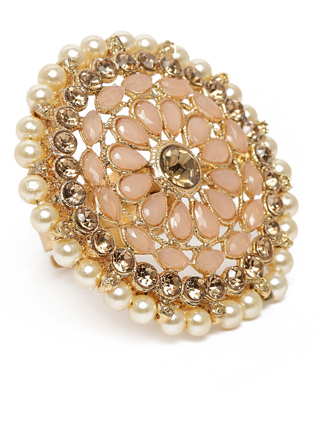 

Kord Store Peach-Coloured Gold Plated Kundan Studded Adjustable Finger Ring