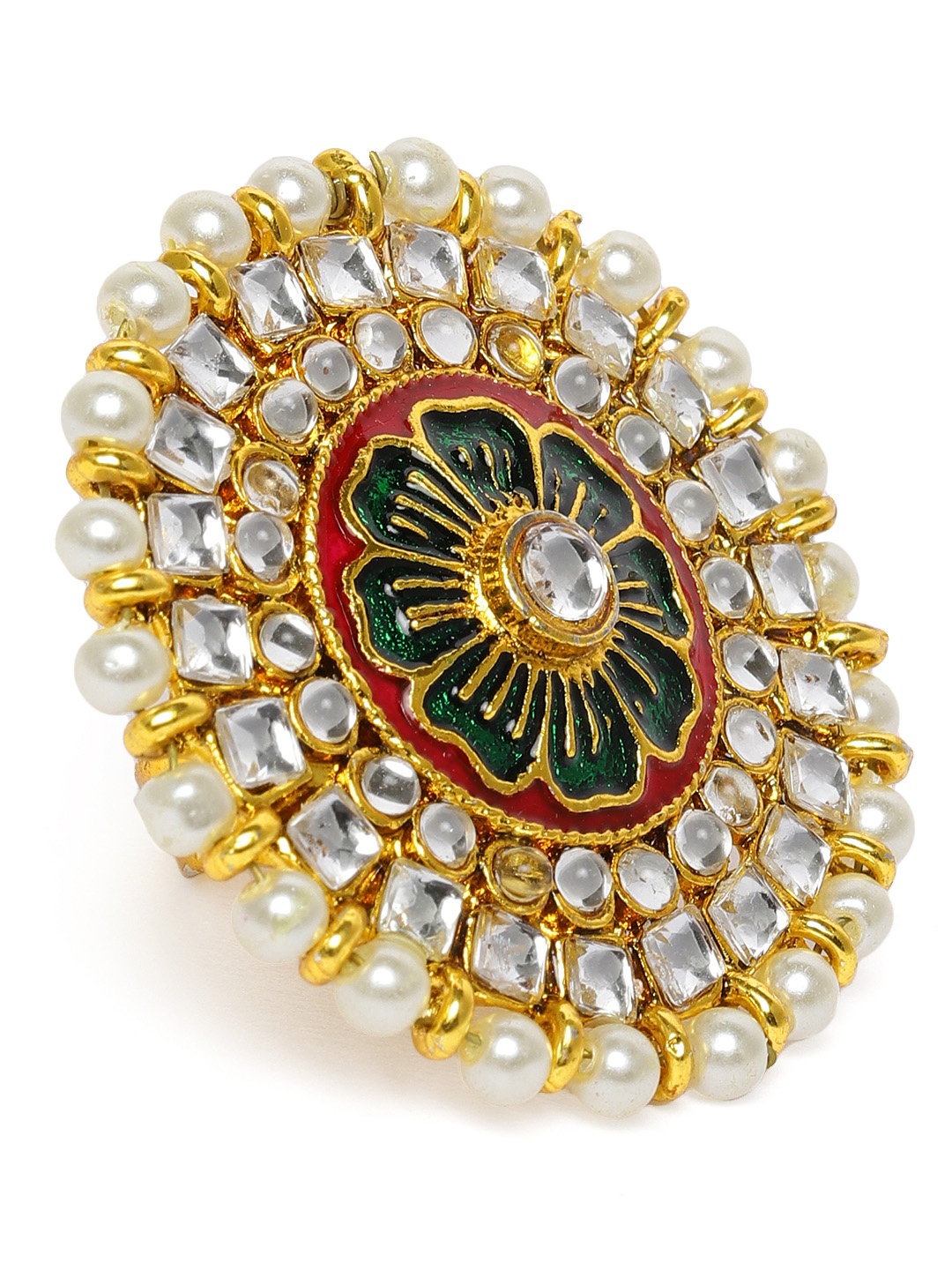 

Zaveri Pearls Green Gold-Plated Meenakari Kundan Studded Adjustable Finger Ring