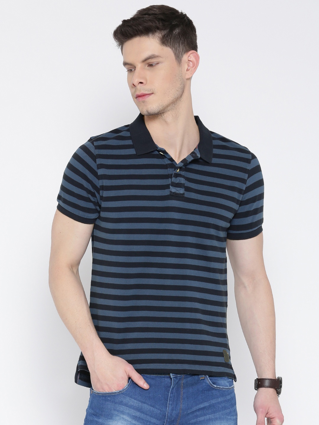 

Flying Machine Blue Striped Polo Pure Cotton T-shirt
