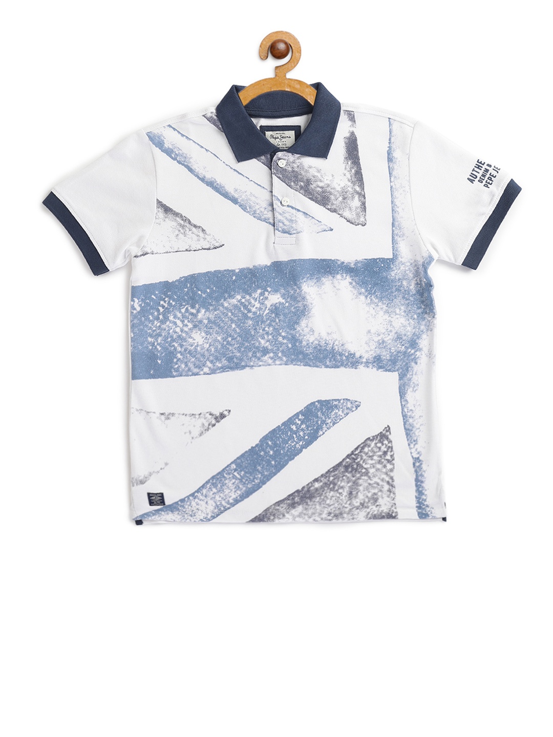 

Pepe Jeans Boys White Blue Printed Polo Collar Pure Cotton T-shirt