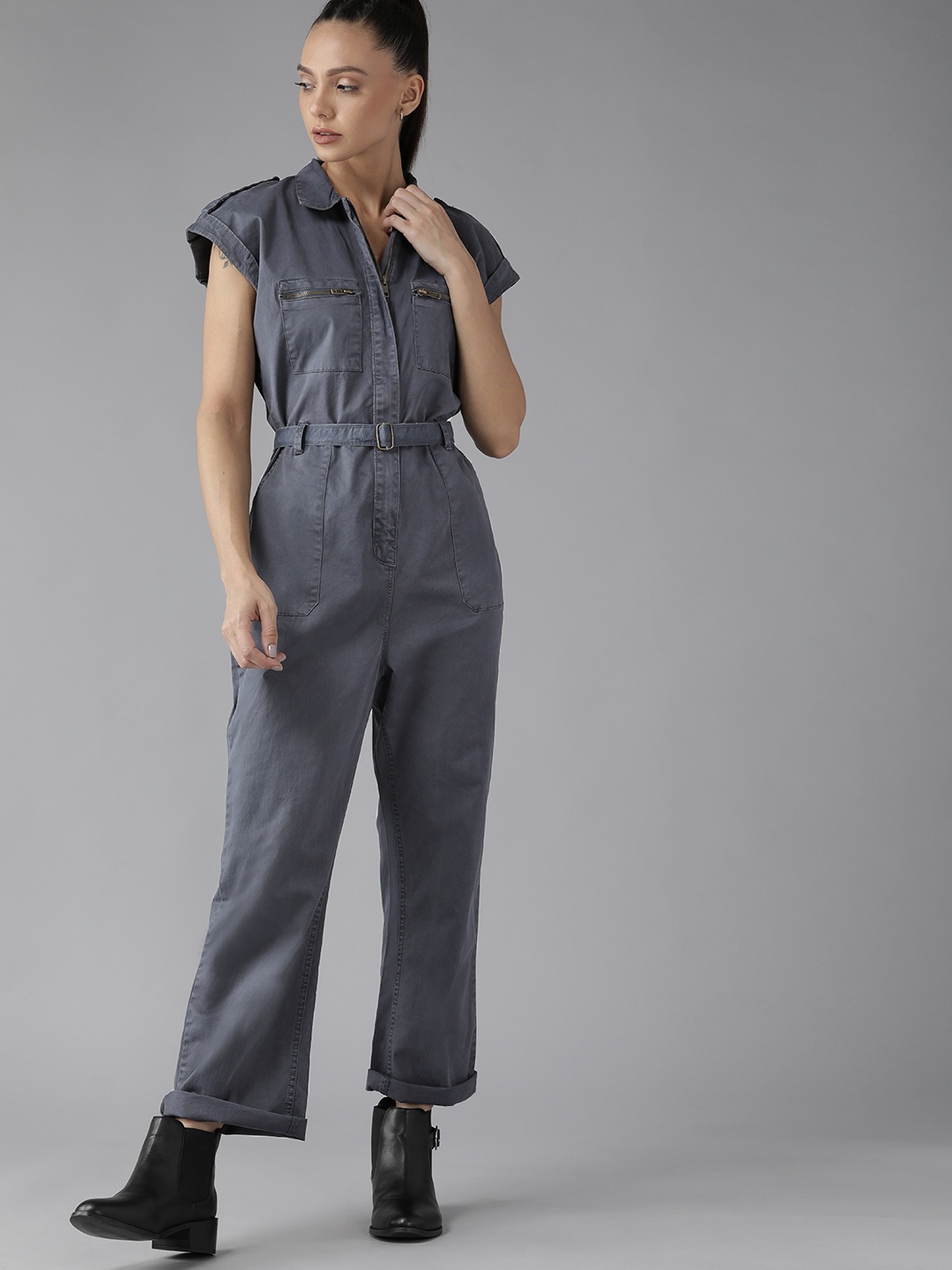 

Roadster Women Charcoal Grey Solid Belted Basic Jumpsuit