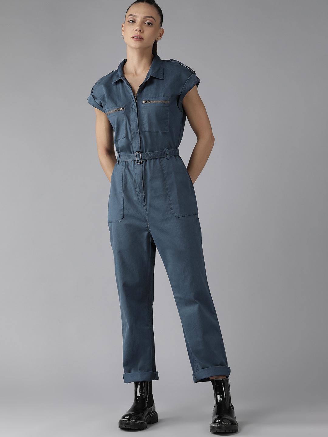 

Roadster Women Teal Blue Solid Boiler Jumpsuit With Fabric Belt