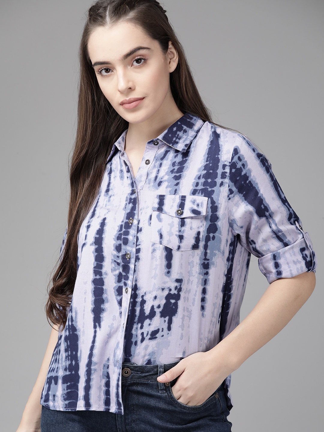 

The Roadster Lifestyle Co Women Ecovero Blue Tie & Dye Casual Shirt