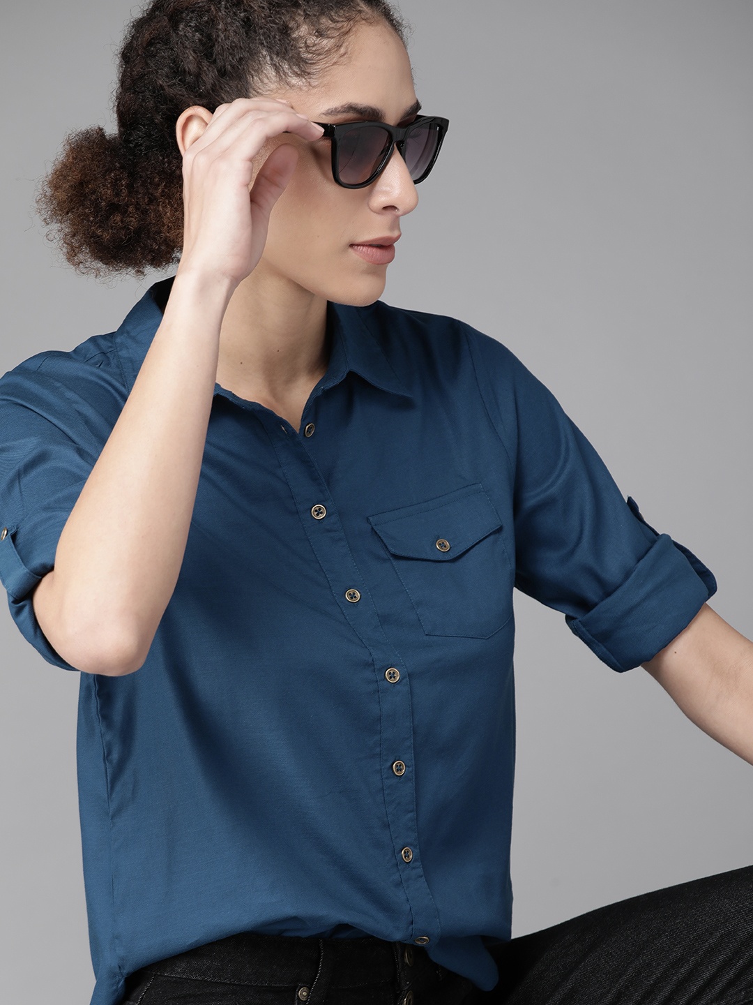 

Roadster Women EcoVero Teal Blue Solid Sustainable Shirt