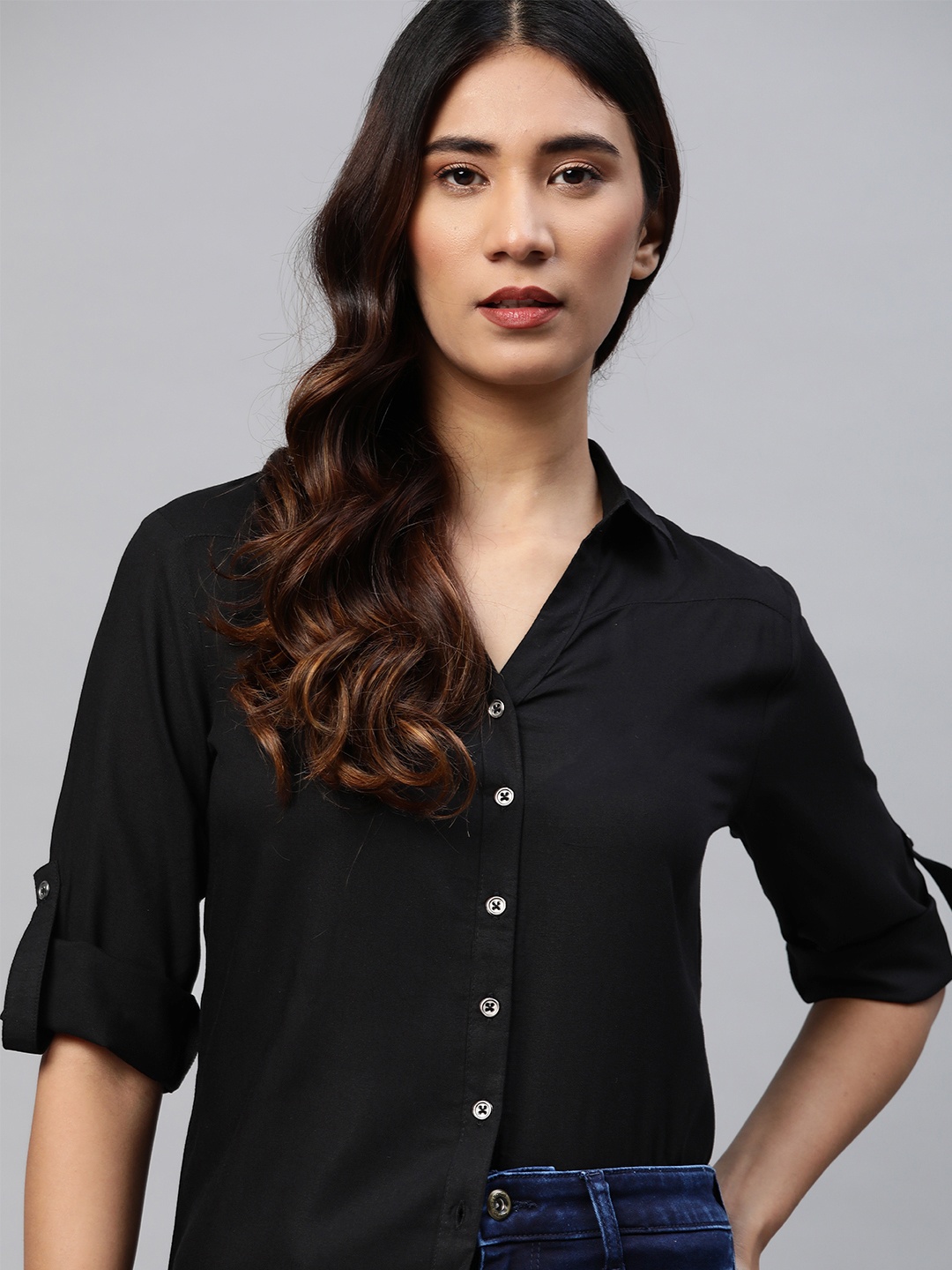 

The Roadster Lifestyle Co Women Ecovero Black Casual Shirt
