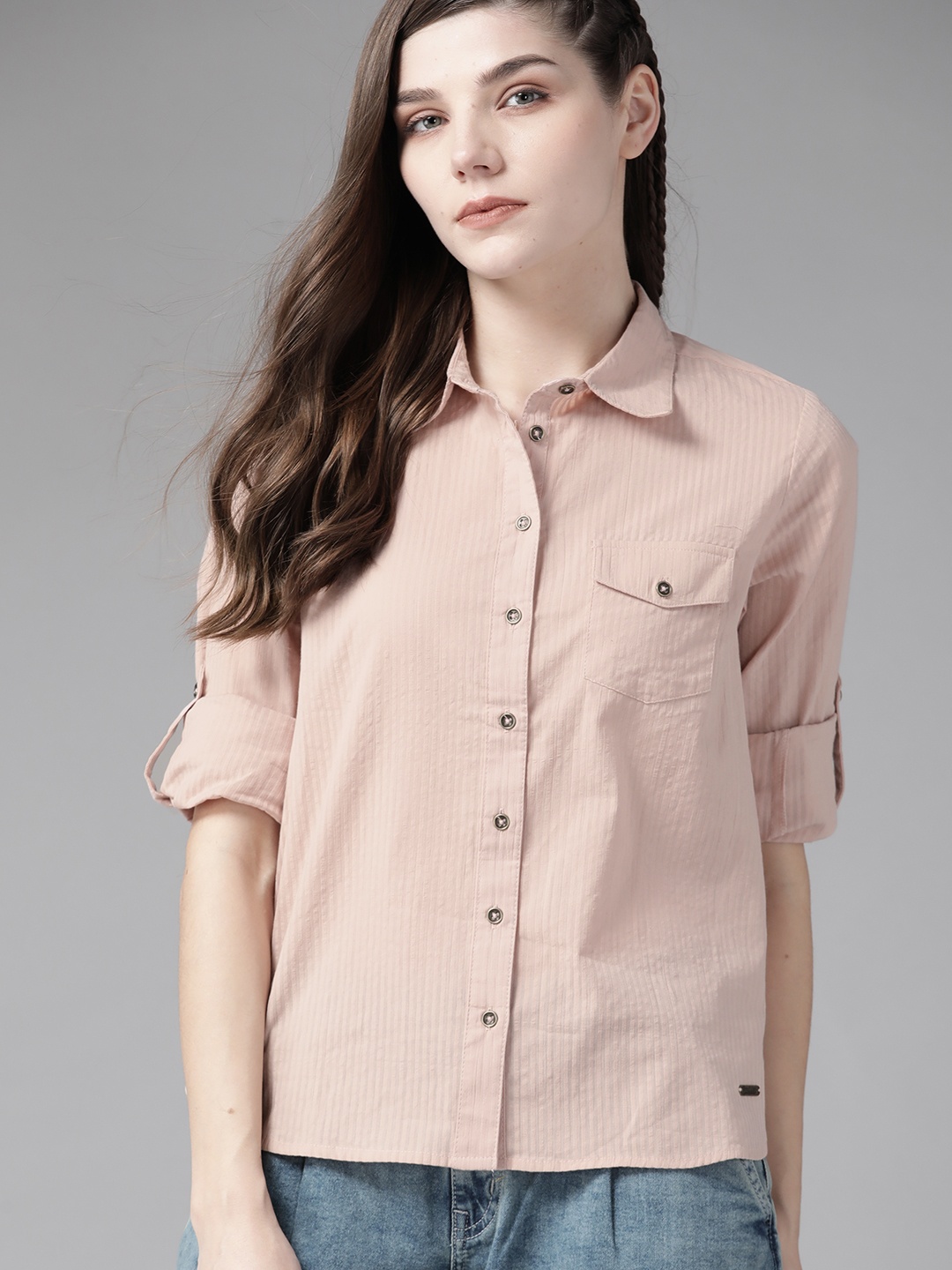 

The Roadster Lifestyle Co Women Pink Pure Cotton Self Striped Casual Shirt