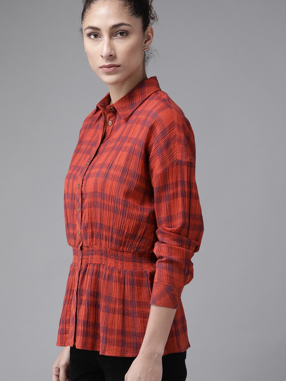 

The Roadster Lifestyle Co Women Red & Blue Pure Cotton Checked Cinched Waist Casual Shirt