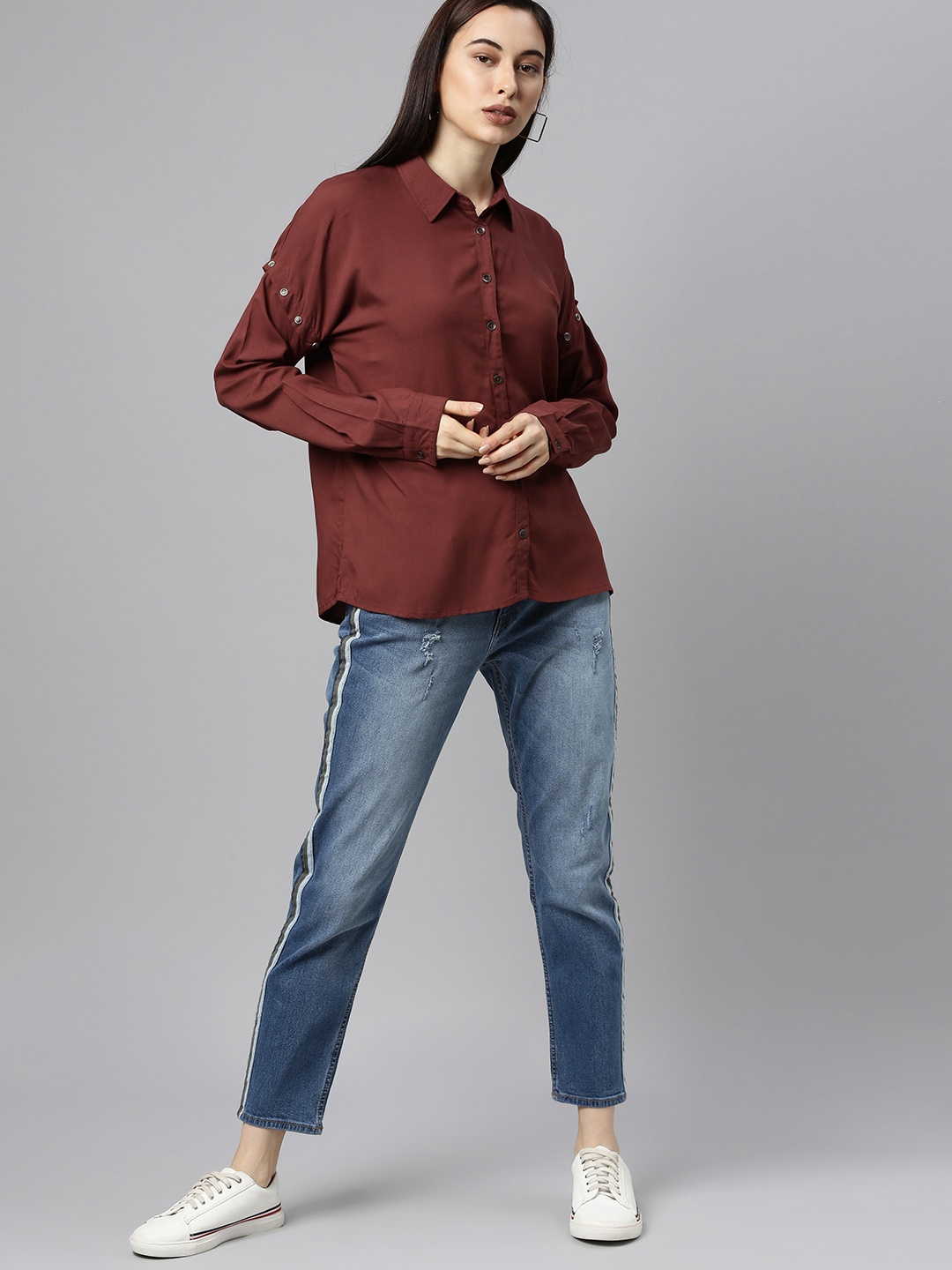 

The Roadster Lifestyle Co Women Rust Red Casual Shirt With Detachable Sleeve