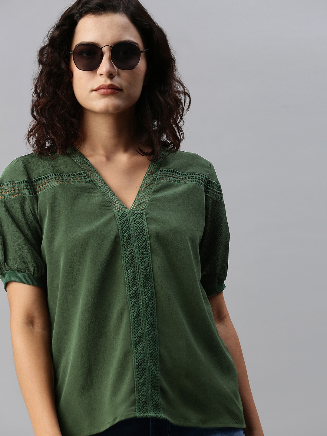 

The Roadster Lifestyle Co Olive Green Puff Sleeve Laced Regular Top