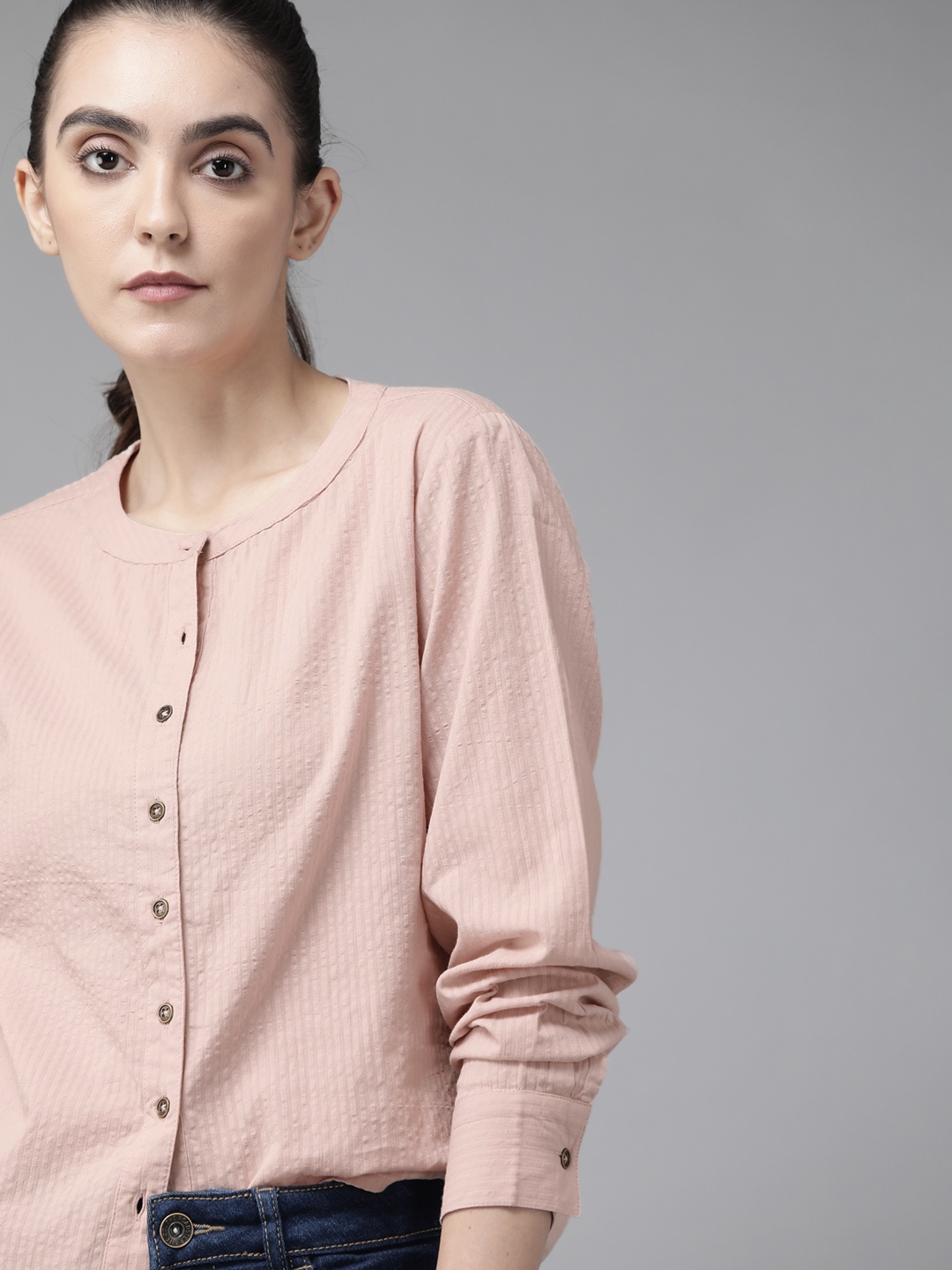 

The Roadster Lifestyle Co Dusty Pink Striped Cotton Band Collar Shirt Style Seersucker Top, Rose