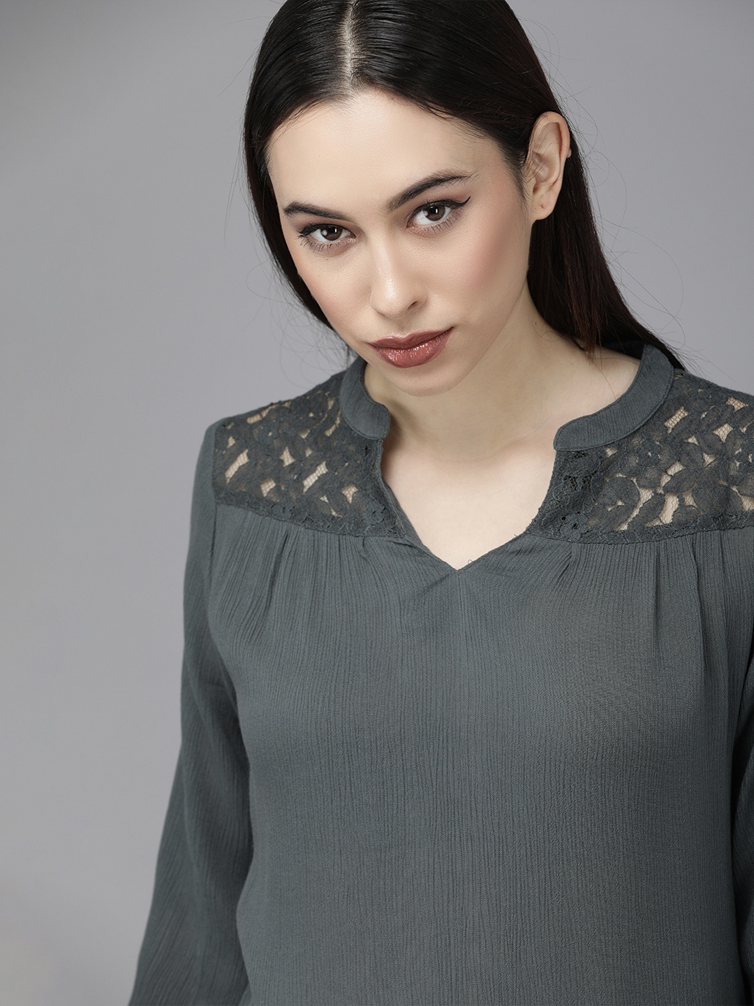 

The Roadster Lifestyle Co Charcoal Grey Lace Detailed Regular Top