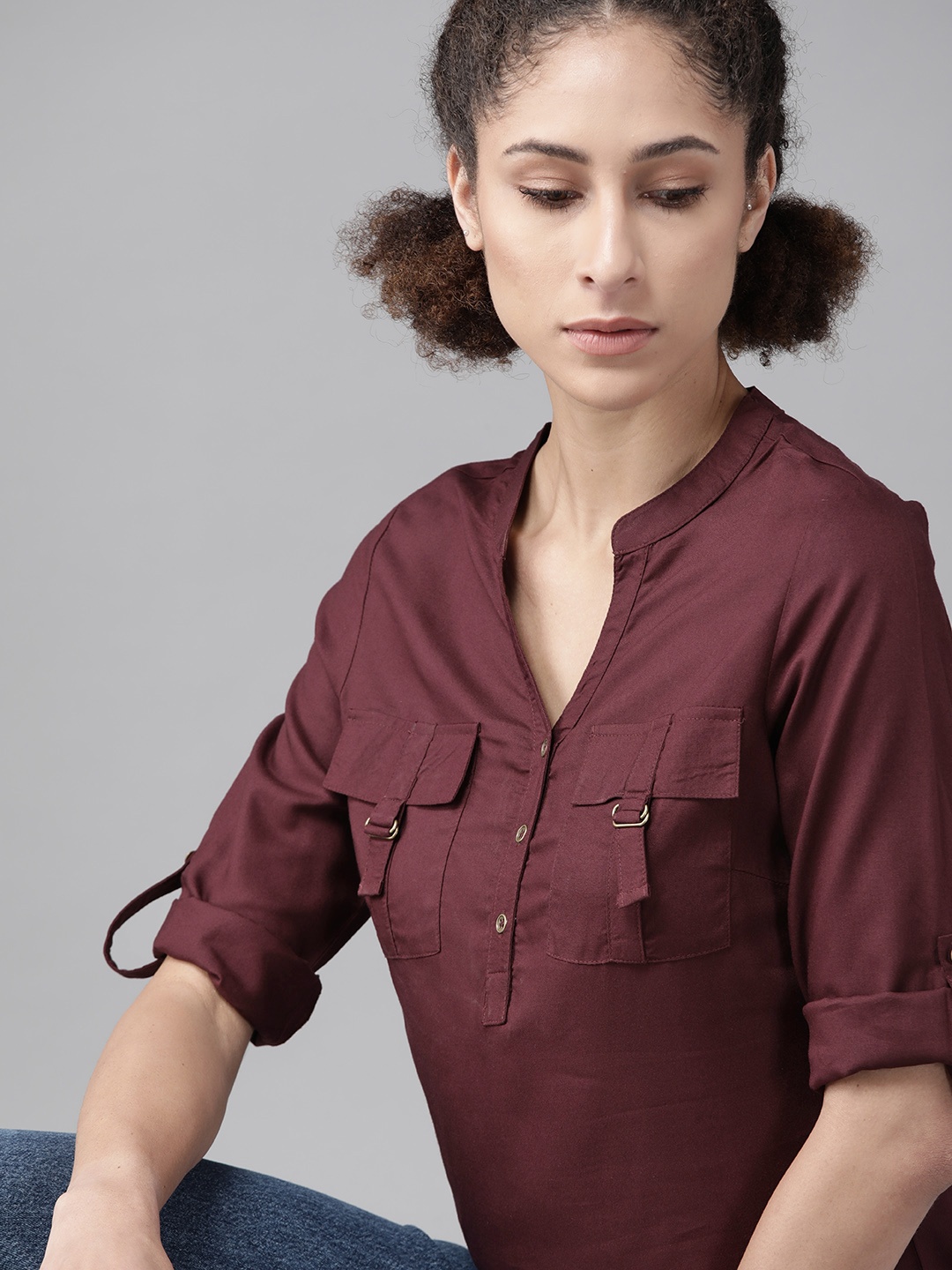

The Roadster Lifestyle Co EcoVero Maroon Solid Mandarin Collar Roll-Up Sleeves Sustainable Top