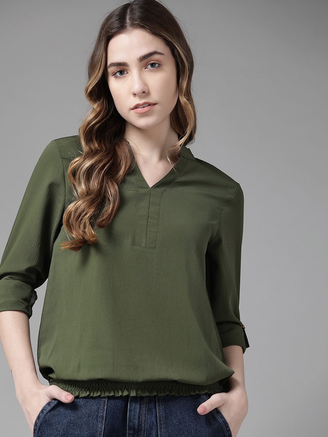 

The Roadster Lifestyle Co Olive Green Solid Mandarin Collar Roll-Up Sleeves Cinched Waist Top