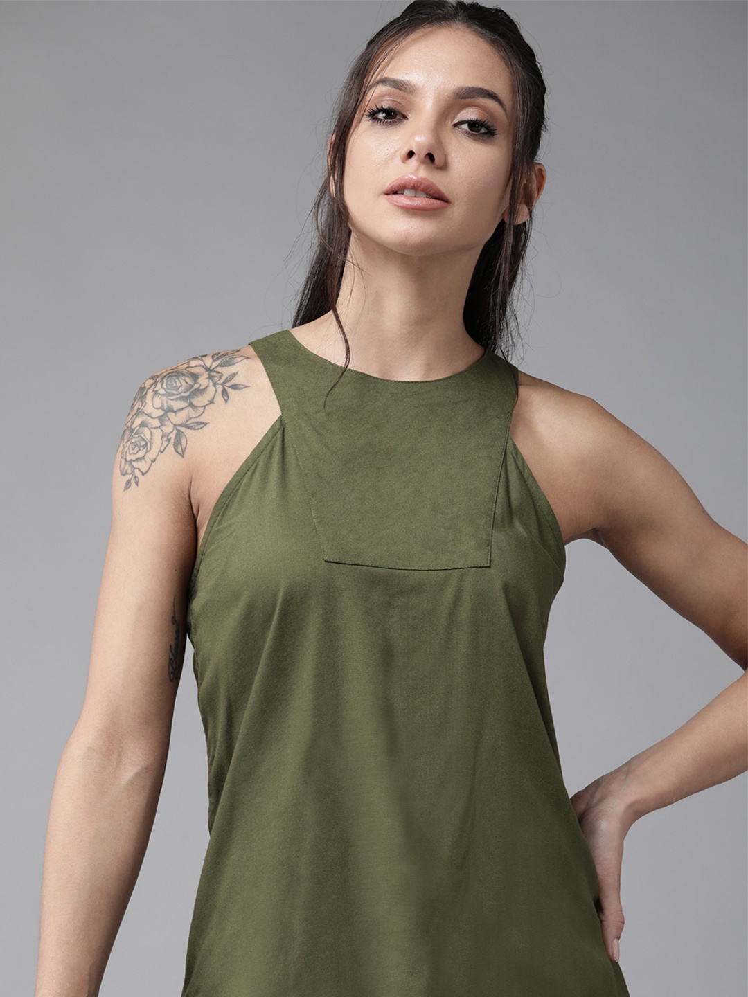 

The Roadster Lifestyle Co Olive Green Solid High-Low Top With Cut-Out Detail