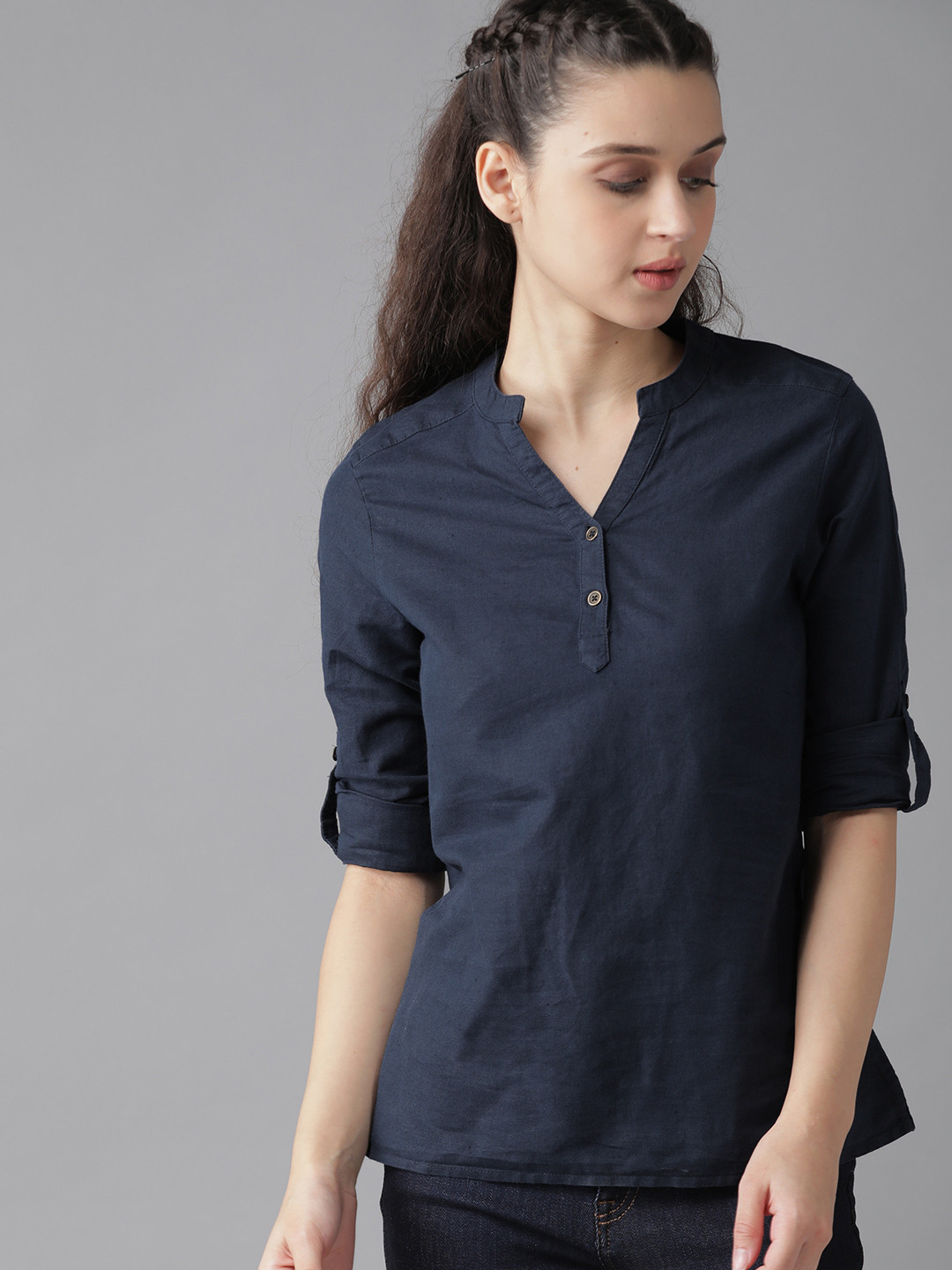 

Roadster Navy Blue Solid Mandarin Collar Roll-Up Sleeves Shirt Style Top
