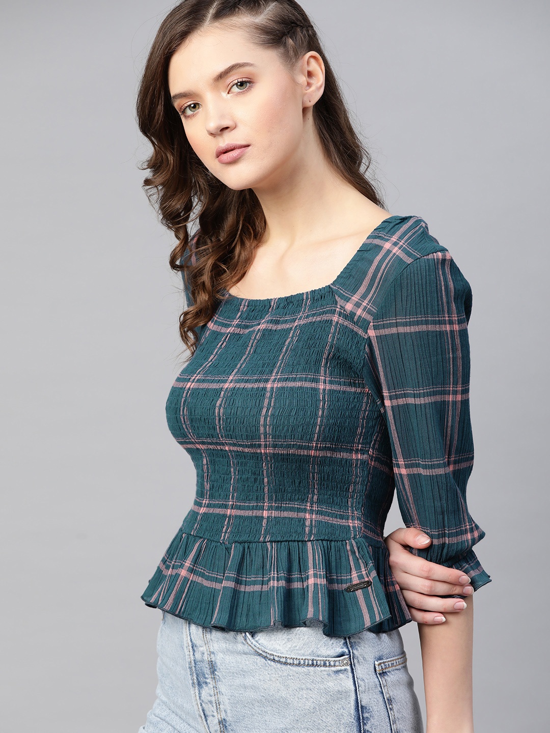 

The Roadster Lifestyle Co Teal Blue Pink Pure Cotton Checked Smocked Top
